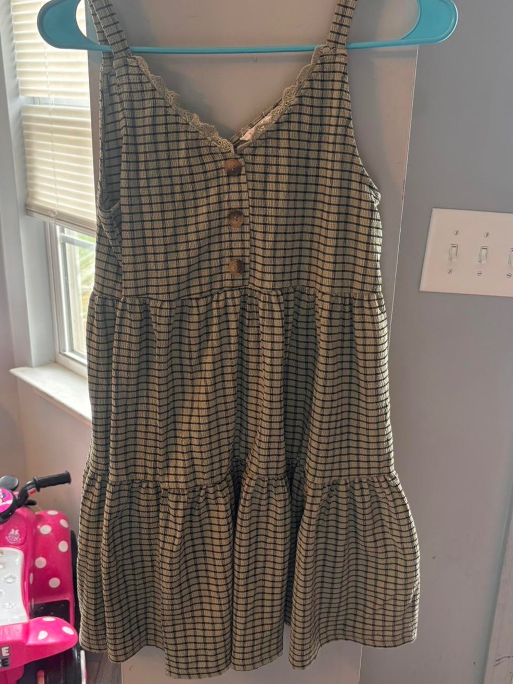 Checked Tiered Long Sleeve Dress in Beige and Black
